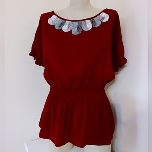 Gianni Bini Burgundy Sequin Short-Sleeve Blouse Sz L